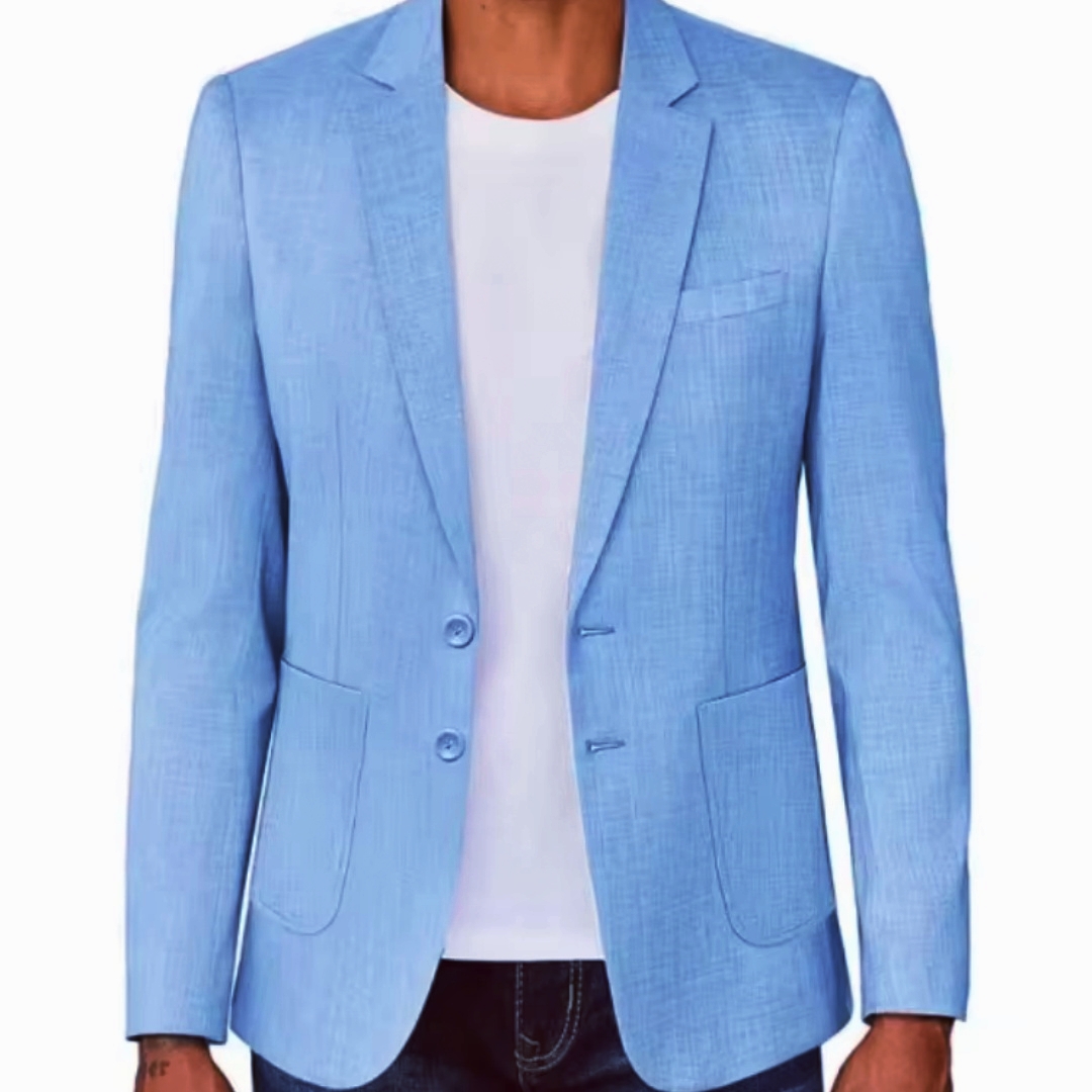 Men Formal Wear Blue - بليزر رجالي بقصة ضيقة من الكتان