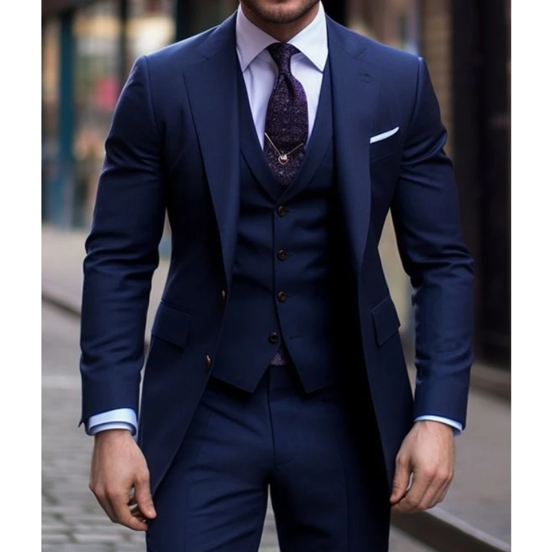 Men Formal Wear Blue - الأزرق الداكن 3 قطع الدعاوى الذكور