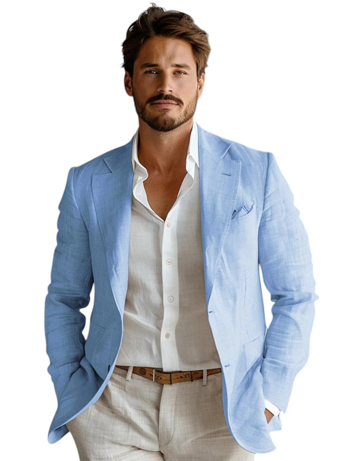 Men Formal Wear Blue - بليزر رجالي أزرق ضيق من الكتان،